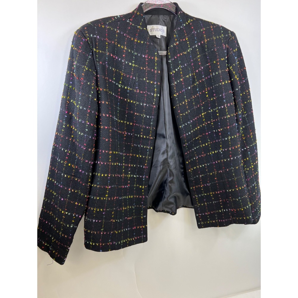 Studio 1 No Collar Long Sleeve Wrap, Black & Multi-colored Thread, Women's Sz 12